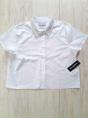 Karl Lagerfeld White Short Sleeve Shirt with Embellished Collar